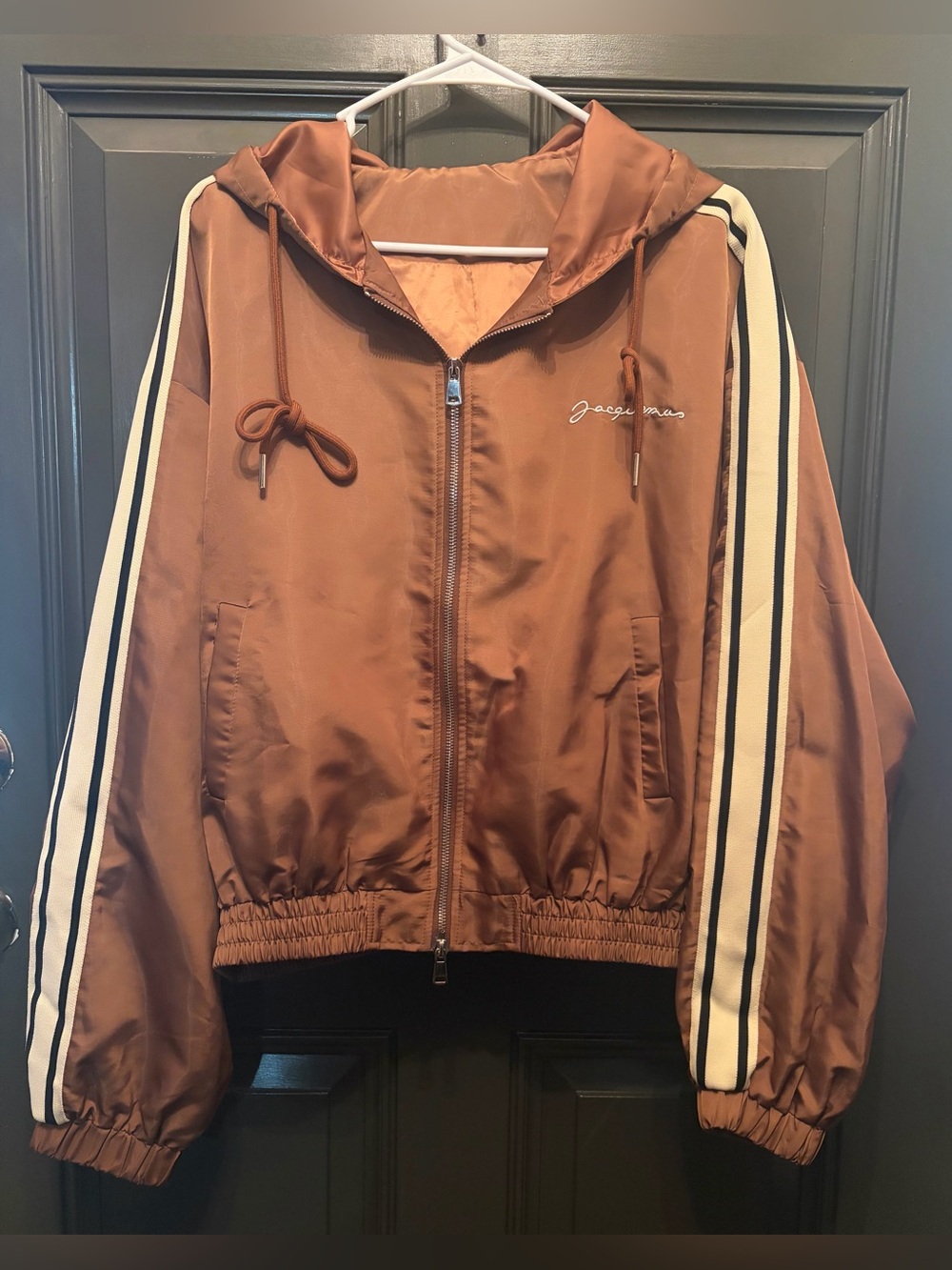 Brown Hooded Satin Track Jacket with Stripe Detail
